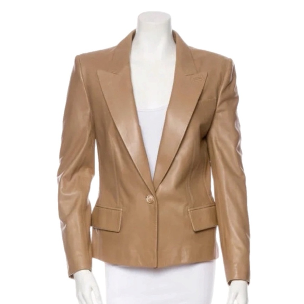 VTG Yves Saint Laurent YSL Tan Beige Leather Single Breasted Blazer Jacket • 40 - Picture 3 of 10